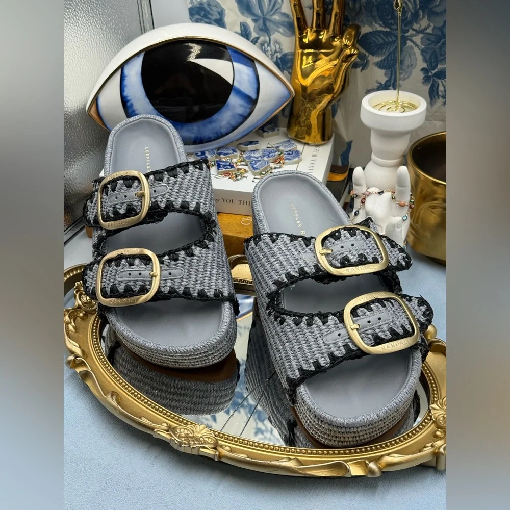 🆕 LOEFFLER RANDALL 🧿 NWOB Theo Embroidered Raffia Platform Sandal, Blue Sz 8